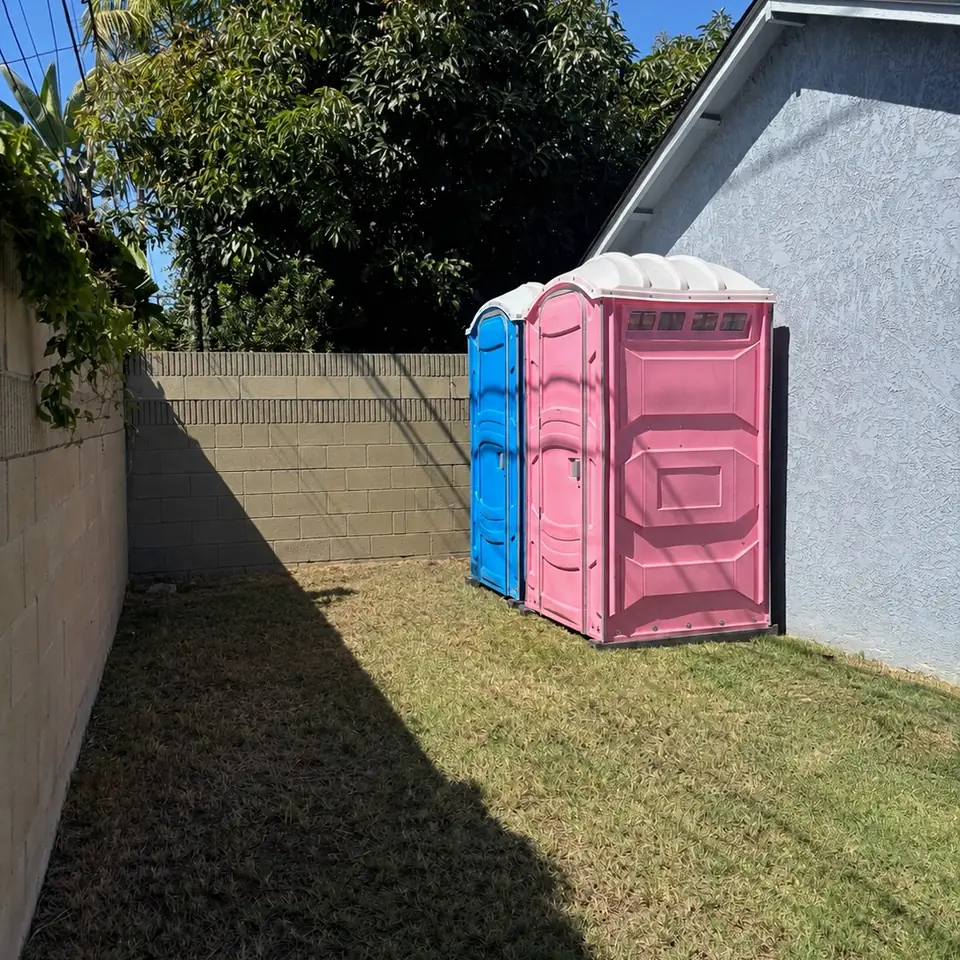 Pink and blue porta potties on a backyard lawn