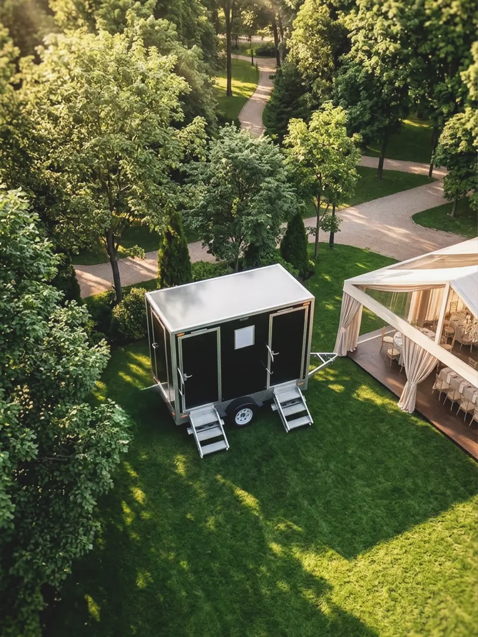 Aerial view of a restroom trailer on a garden lawn near a tent
